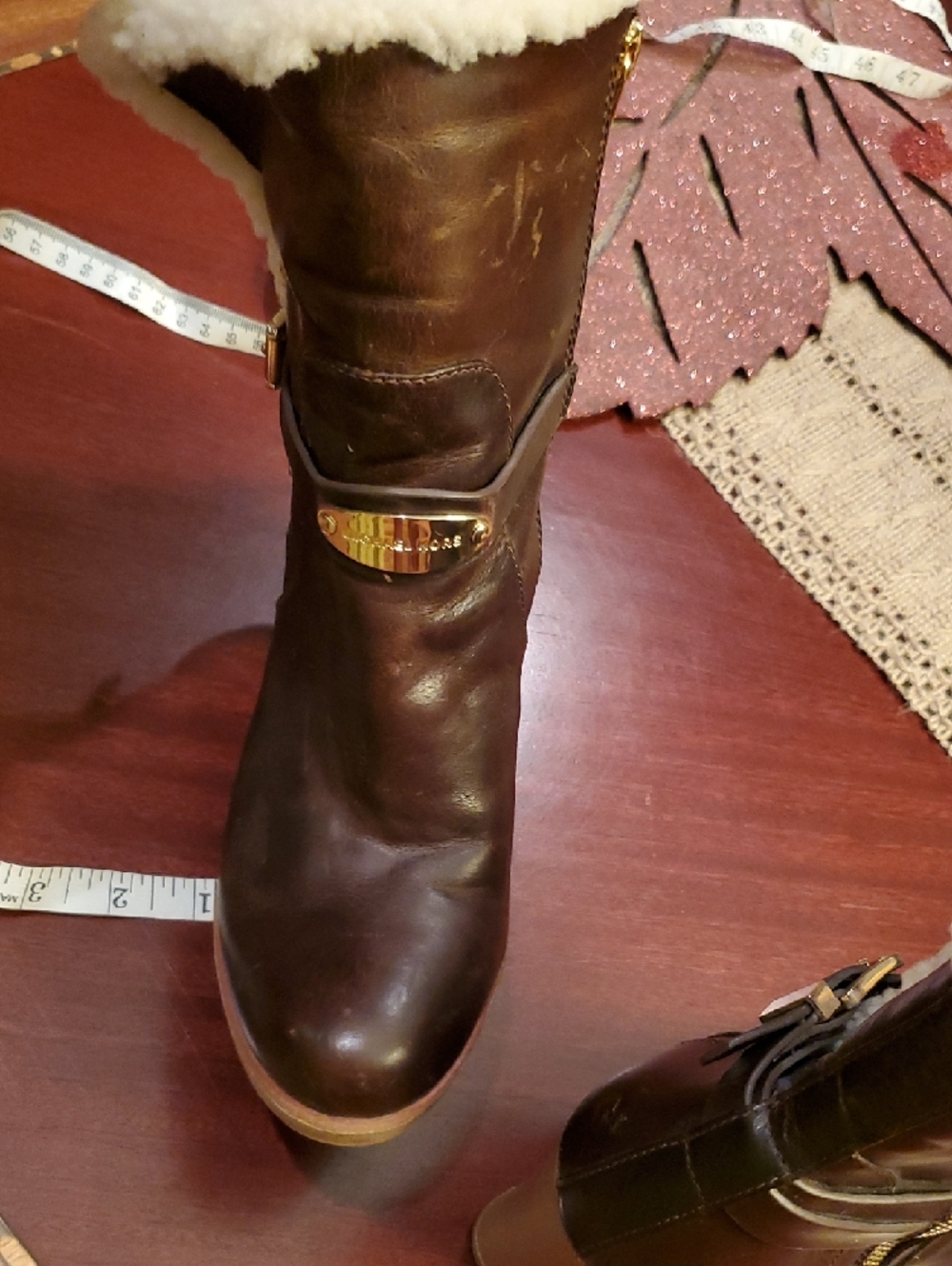 Michael Kors Women's Brown Leather Mid Calf 4in Heel Boots Shearling Distressed - Picture 5 of 15